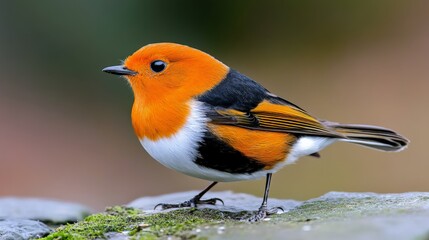 Fototapeta premium Bright orange and black bird perched on a mossy surface with a blurred background