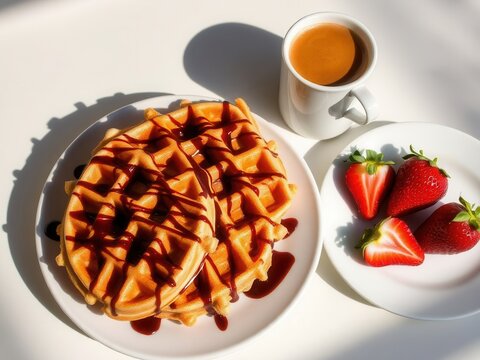 A plate of golden waffles drizzled with chocolate syrup, accompanied by fresh strawberries and a cup of coffee. Bright, inviting breakfast scene.