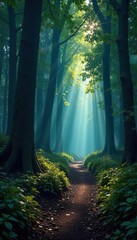 Fototapeta premium Mysterious, shadowy forest path disappearing into deep darkness Ancient trees loom, sunlight barely penetrating the dense canopy A sense of mystery and adventure hangs in the air , gloomy, nature