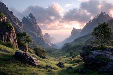 A lush green valley stretching beneath the glow of a warm, setting sun, creating a picturesque natural landscape.
