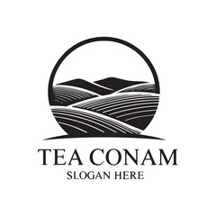 Features a stylized landscape of rolling tea fields enclosed in a circular frame, conveying a natural and organic brand image. Vector abstract logo design. 