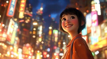 Fototapeta premium Young Japanese woman, stylish urban wear, neon-lit street, night scene 