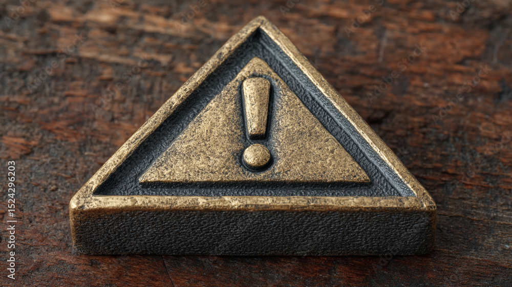 Poster a close up of a bronze triangle with an exclamation point on a wooden surface showing a warning sign