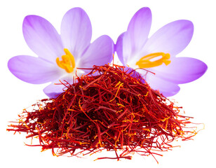 Fototapeta premium Pile of Harvested Saffron Stigmas with Flowers in Background, Close-Up Natural Spice Concept, Isolated on Transparent Background
