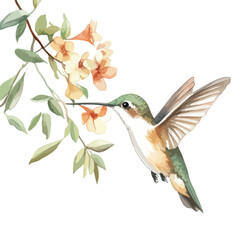 Watercolor Hummingbird in Flight Nectar Feeding on Delicate Blossoms