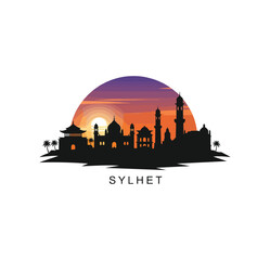Silhouette of mosque. A silhouette of the Sylhet skyline against a vibrant sunset, with the word "SYLHET" written below.