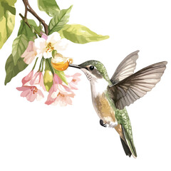 Watercolor hummingbird with green plumage drinking nectar from pink and white blossoms © aang