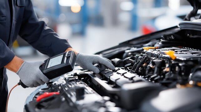 Car mechanic using diagnostic tool checking engine in auto repair shop