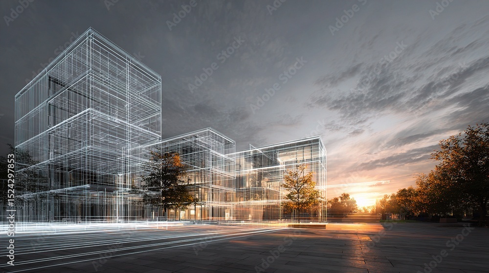 Poster digital building rendering overlay on physical site at sunset