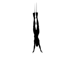 Fototapeta premium a silhouette of a man hanging on a rope on a transparent background aerial, black, hang, hang on, man, rope, silhouette , Generative art.