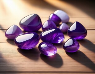 Mehrere Amethyst-Trommelsteine auf hellem Holztisch