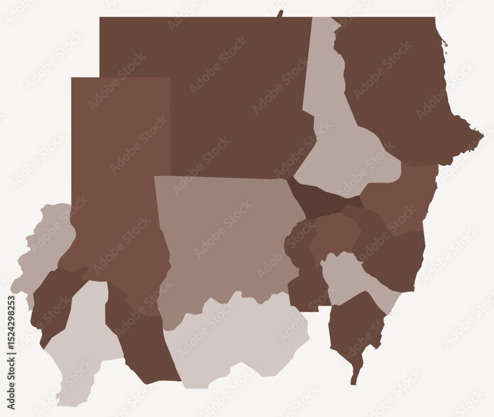 Poster map of sudan with regions. just a simple country border map with region division. brown color palett