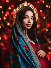 Holy Mary expecting child, festive portrait with lights

