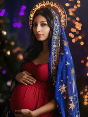 Holy Mary expecting child, festive portrait with lights
