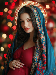 Blessed Virgin in maternity, red gown and golden crown
