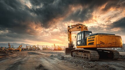Heavy Machines Working at Construction Site Under Dramatic Sky