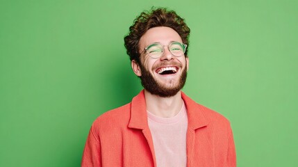 Happy Young Man in Bright Clothes Smiling Against Green Background