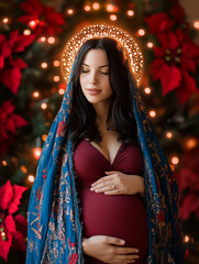 Holy Mary expecting child, festive portrait with lights
