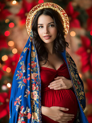 Pregnant Virgin Mary in blue veil and red dress, glowing halo
