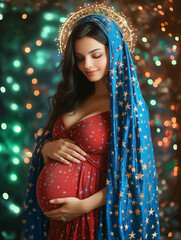 Pregnant Virgin Mary in blue veil and red dress, glowing halo
