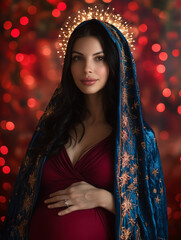 Pregnant Virgin Mary in blue veil and red dress, glowing halo
