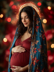 Holy Mary expecting child, festive portrait with lights
