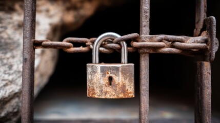 Rusty padlock securing gate with metal chain in ancient setting