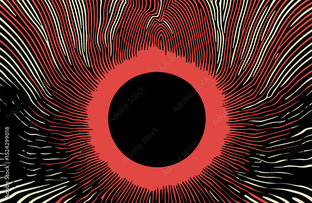 Poster vector illustration in modern op art style with a black circle, radiating red wavy lines on a dark b