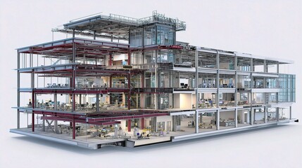 Obraz premium Detailed Cutaway View of Steel Building Under BIM Model