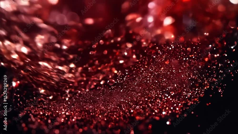Poster Dynamic drops of red glitter in black oil or ink diffusing through liquid, creating an abstract aquatic swirls