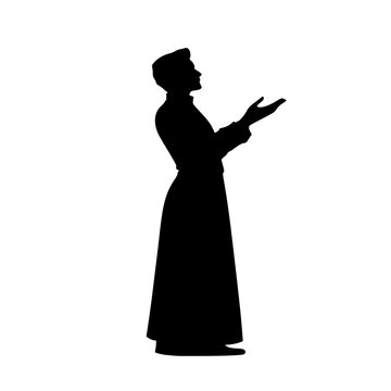 a black silhouette of a priest in a robe black, hand, man, priest, robe, silhouette, stand , Generative art.