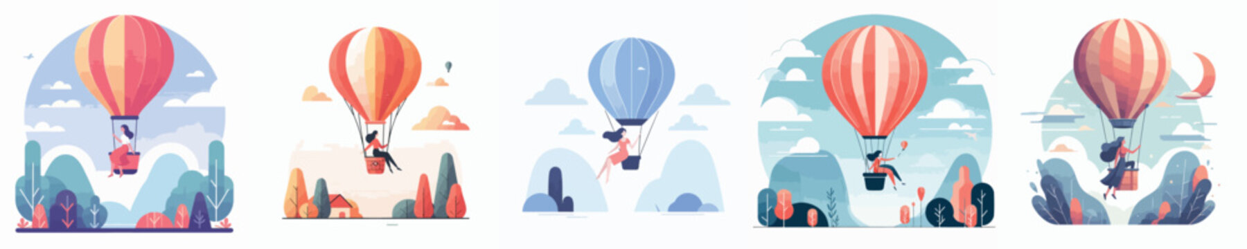 vector character woman riding a hot air balloon