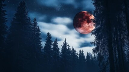 Enchanting Blood Moon Rising Above Majestic Pine Forest in a Mystical Nightscape - Powered by Adobe