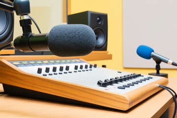 Professional radio studio setup featuring microphones audio mixer and studio monitors for broadcasting