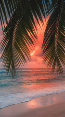 A serene tropical sunset or sunrise with palm fronds in the foreground silhouetted against a coral-pink sky. Tourism, travel, vacation, summer concept, Space for text.