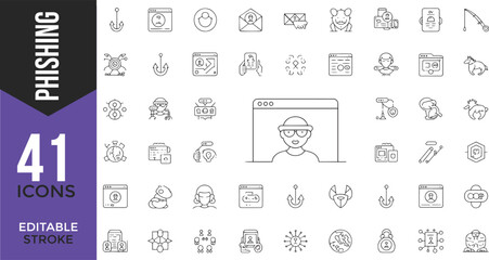 Cyber Threat Line Icons Set – Editable Stroke | Phishing, Scam, Hack, Fraud, Spy


