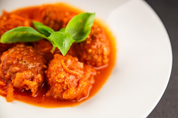 Meatballs tomato sauce beef, pork or chicken meat fresh delicious gourmet food background on the table rustic food top view copy space keto and paleo diet