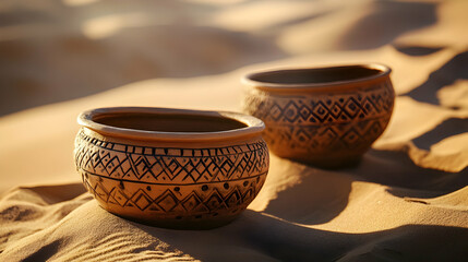 Decorative clay pots resting on sunlit desert sand dunes