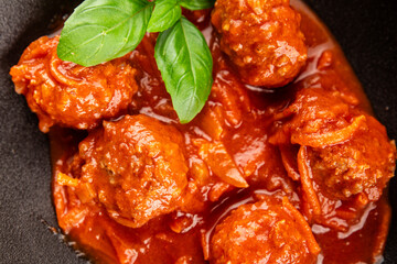 Meatballs tomato sauce beef, pork or chicken meat fresh delicious gourmet food background on the table rustic food top view copy space keto and paleo diet