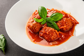 Meatballs tomato sauce beef, pork or chicken meat fresh delicious gourmet food background on the...