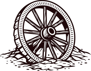 Fototapeta premium Hand drawn vintage wooden wagon wheel resting on ground engraved rustic illustration isolated on white background