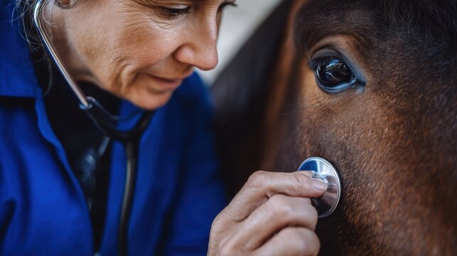 Veterinarian examining horse with stethoscope in stable or farm - Powered by Adobe