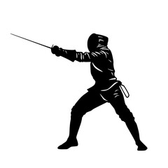 a black silhouette of a man in a fencing position black, man, silhouette, sword , Generative art.