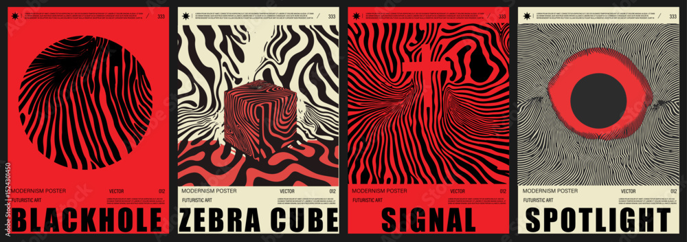 Poster Set of four horror style vector posters with abstract, wavy op-art patterns in bold red, black, and beige tones. The trending modernism style combines futuristic and minimalist.