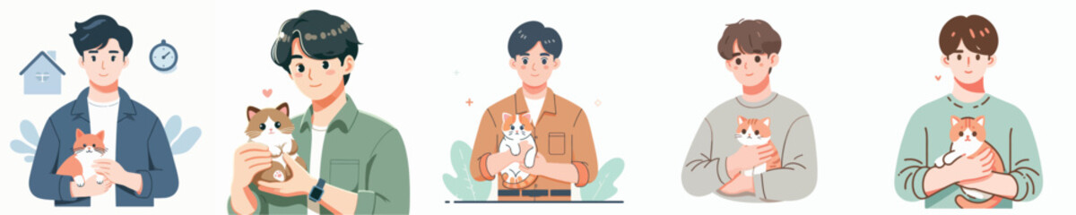 vector character of young man holding cute cat