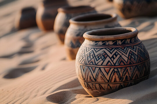 Handcrafted ceramic pots on desert sand with intricate patterns