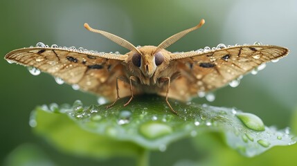 Macro Shot of a Moth with Dew Drops on Wings Resting on Leaf AI Generative
