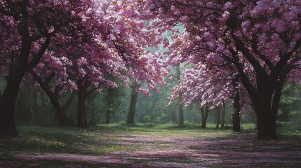 Naklejka premium Soft Wind Moving Through Cherry Trees in a Quiet Park Scene