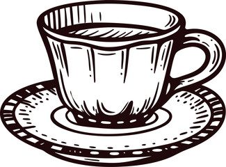 Hand drawn teacup with saucer isolated on white background vintage engraved sketch illustration