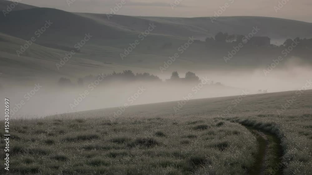 Poster fog gradually covering a field path at dawn